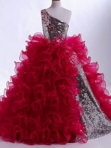 Wine Red Organza and Sequined Zipper One Shoulder Sleeveless Floor Length Child Pageant Dress Ruffles and Sequins