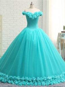 Aqua Blue Tulle Lace Up Off The Shoulder Sleeveless Quinceanera Gowns Court Train Hand Made Flower