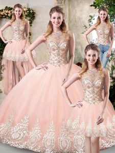 High Class Peach Three Pieces High-neck Sleeveless Tulle Floor Length Backless Beading and Lace and Appliques 15th Birthday Dress