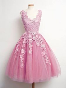 Pink A-line Lace Quinceanera Court of Honor Dress Lace Up Tulle Sleeveless Knee Length