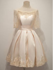 Champagne Taffeta Zipper Off The Shoulder Half Sleeves Knee Length Dama Dress for Quinceanera Lace