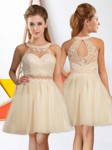 Champagne Quinceanera Dama Dress Prom and Party with Lace Halter Top Sleeveless Zipper
