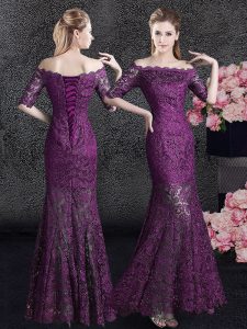 Purple Mermaid Lace Off The Shoulder Half Sleeves Lace Floor Length Lace Up Mother of the Bride Dress