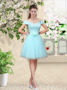 Super Tulle V-neck Cap Sleeves Lace Up Lace and Belt Dama Dress in Aqua Blue