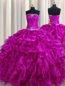 Vintage Fuchsia Ball Gowns Organza Strapless Sleeveless Beading and Ruffles Floor Length Lace Up 15 Quinceanera Dress