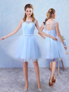 Modern Sleeveless Lace Up Knee Length Ruching and Belt Dama Dress for Quinceanera