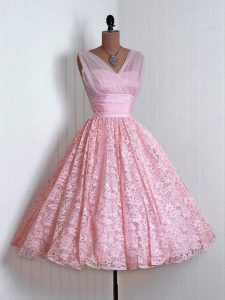 Admirable Baby Pink V-neck Lace Up Lace Quinceanera Court Dresses Sleeveless