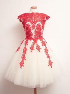 Mini Length White And Red Damas Dress Scalloped Sleeveless Lace Up