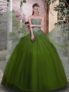 Sexy Floor Length Lace Up Sweet 16 Quinceanera Dress Olive Green for Military Ball and Sweet 16 and Quinceanera with Beading