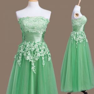 Most Popular Green Tulle Lace Up Damas Dress Sleeveless Tea Length Appliques