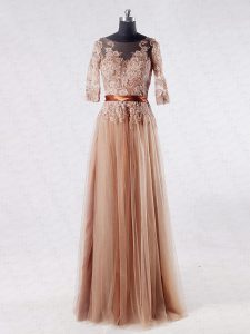 Shining Brown Half Sleeves Floor Length Lace and Appliques Zipper Mother of Bride Dresses
