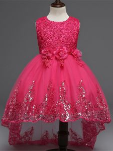 Inexpensive High Low Zipper Little Girls Pageant Dress Wholesale Hot Pink for Wedding Party with Lace and Appliques and Bowknot and Hand Made Flower