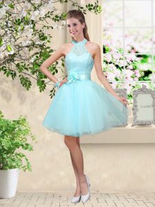 Sumptuous Aqua Blue A-line Tulle Halter Top Sleeveless Lace and Belt Knee Length Lace Up Court Dresses for Sweet 16