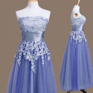 Super Lavender Sleeveless Tea Length Appliques Lace Up Court Dresses for Sweet 16