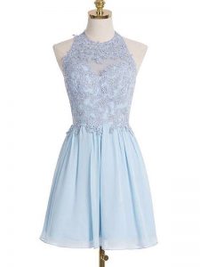 Perfect Light Blue Lace Up Halter Top Appliques Court Dresses for Sweet 16 Chiffon Sleeveless