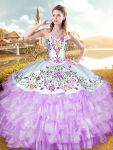 Elegant Lilac Sleeveless Embroidery and Ruffled Layers Floor Length 15 Quinceanera Dress