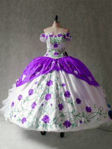 Chic Organza and Taffeta Off The Shoulder Cap Sleeves Lace Up Embroidery and Ruffles Quinceanera Dress in White And Purple