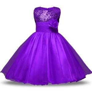 Eggplant Purple Sleeveless Bowknot and Belt and Hand Made Flower Knee Length Flower Girl Dress
