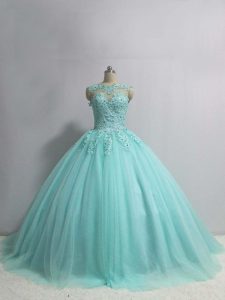 Extravagant Aqua Blue Sleeveless Tulle Lace Up 15th Birthday Dress for Military Ball and Sweet 16 and Quinceanera