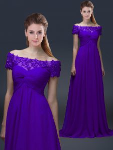 Exquisite Purple Mother of Groom Dress Prom and Party with Appliques Off The Shoulder Short Sleeves Lace Up