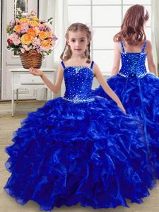 Beautiful Royal Blue Sleeveless Floor Length Beading and Ruffles Lace Up Girls Pageant Dresses