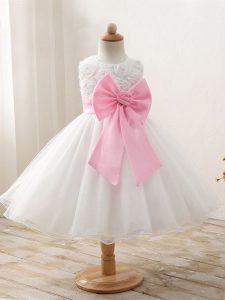 White Scoop Zipper Bowknot Winning Pageant Gowns Sleeveless