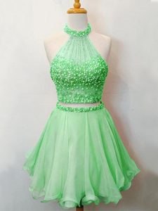Glittering Green Lace Up Halter Top Beading Quinceanera Court Dresses Organza Sleeveless