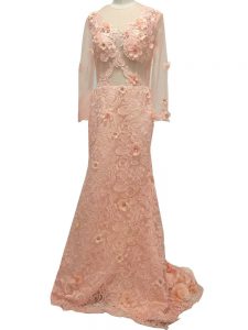Charming Peach Scoop Side Zipper Beading and Hand Made Flower Mother of the Bride Dress Brush Train Long Sleeves