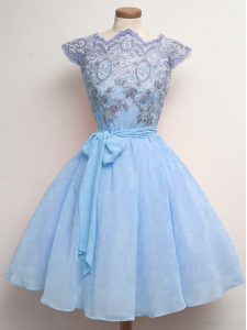 Charming Knee Length A-line Cap Sleeves Blue Quinceanera Court Dresses Lace Up