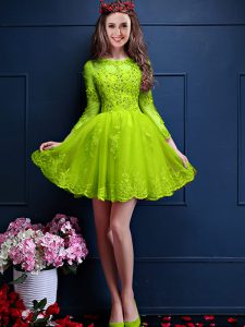 Noble Yellow Green A-line Beading and Lace and Appliques Vestidos de Damas Lace Up Chiffon 3 4 Length Sleeve Mini Length
