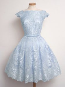Best Knee Length Light Blue Quinceanera Dama Dress Lace Cap Sleeves Lace