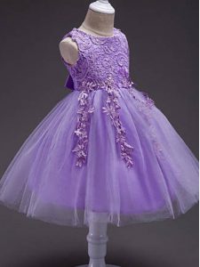 Excellent Lavender Zipper Scoop Lace and Belt Little Girls Pageant Dress Tulle Sleeveless