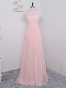 Vintage Baby Pink Empire Chiffon Scoop Cap Sleeves Lace Floor Length Zipper Dama Dress