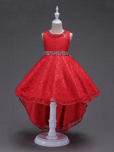 Hot Sale Red Lace Up Pageant Dress Womens Beading Sleeveless High Low