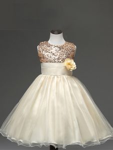 Custom Made Champagne Tulle Zipper Custom Made Pageant Dress Sleeveless Knee Length Sequins and Hand Made Flower