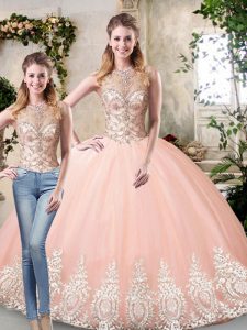 Peach Lace Up Scoop Beading and Lace and Appliques Ball Gown Prom Dress Tulle Sleeveless