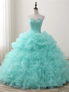 Stylish Apple Green Ball Gowns Beading and Ruffles and Pick Ups Quince Ball Gowns Lace Up Organza Sleeveless Floor Length