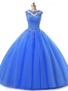 Sleeveless Floor Length Beading and Lace Lace Up 15 Quinceanera Dress with Blue