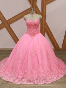Attractive Rose Pink Tulle Lace Up Sweetheart Sleeveless Sweet 16 Dress Brush Train Beading and Lace