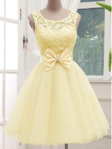 Latest Light Yellow Sleeveless Tulle Lace Up Damas Dress for Prom and Party and Wedding Party