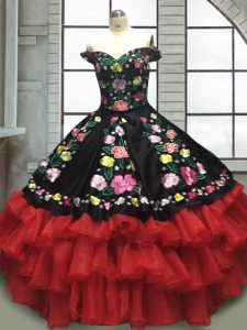 Graceful Red And Black Sleeveless Embroidery and Ruffled Layers Floor Length Sweet 16 Dresses