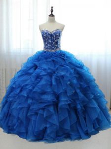 Nice Royal Blue Lace Up 15 Quinceanera Dress Beading and Ruffles Sleeveless Floor Length