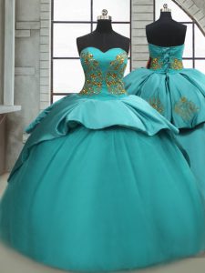 Satin Sweetheart Sleeveless Sweep Train Lace Up Beading and Appliques 15 Quinceanera Dress in Turquoise