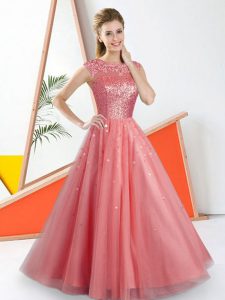 Sweet Watermelon Red Tulle Backless Dama Dress Sleeveless Floor Length Beading and Lace