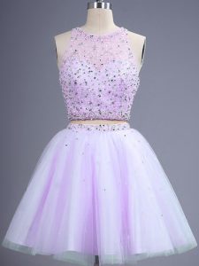 Elegant Lavender Sleeveless Beading Knee Length Dama Dress for Quinceanera