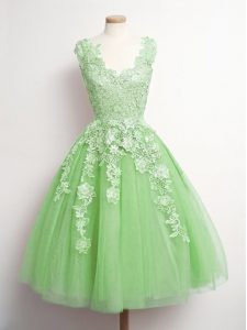 Affordable Knee Length Yellow Green Court Dresses for Sweet 16 V-neck Sleeveless Lace Up