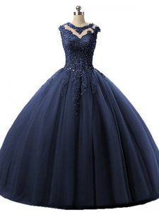 Colorful Sleeveless Floor Length Beading and Lace Lace Up Sweet 16 Dress with Navy Blue