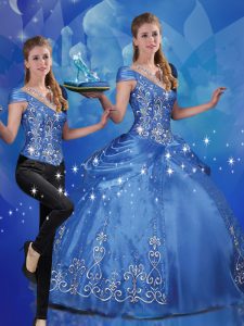 Fashion Beading and Embroidery Sweet 16 Dress Blue Lace Up Cap Sleeves Floor Length