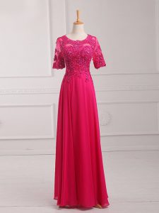 Hot Pink Scoop Zipper Lace and Appliques Mother of Bride Dresses Half Sleeves