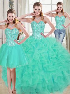 Sweetheart Sleeveless Brush Train Lace Up 15 Quinceanera Dress Turquoise Organza
